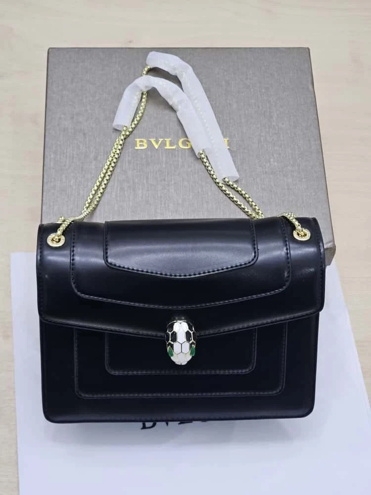 Bvlgari Large Serpenti Forever Square Chain Shoulder Bag Leather Black