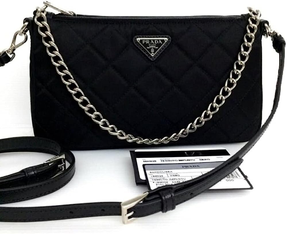 Prada Quilted Tessuto Nylon Chain Black Convertible Shoulder Bag 1BH026
