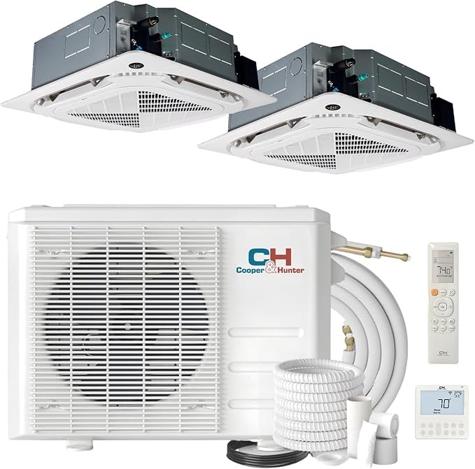 Cooper&Hunter 28,000 BTU Multi Zone, Dual 12,000 + 18,000 BTU Ductless Mini Split Ceiling Cassette Air Conditioner Heat Pump including 25ft Installation Kits