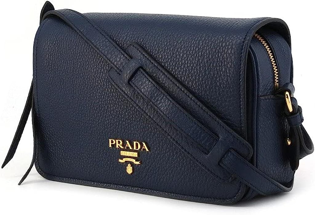 Prada Womens Vitello Phenix Shoulder Flap Navy Blue Leather Crossbody Bag 1BD163 (Navy Blue)